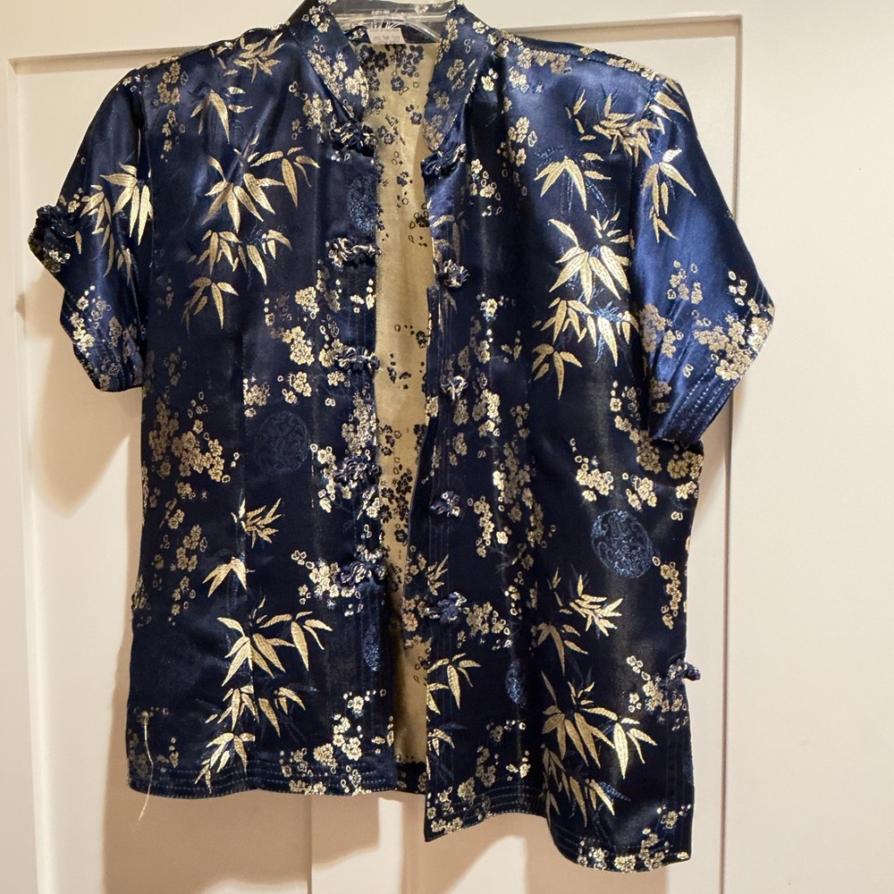 Navy Blue Floral Silk Jacket or Blouse from Vietnam
